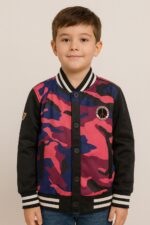 جاكيت أطفال تمويهي بألوان الأحمر والبنفسجي والأزرق