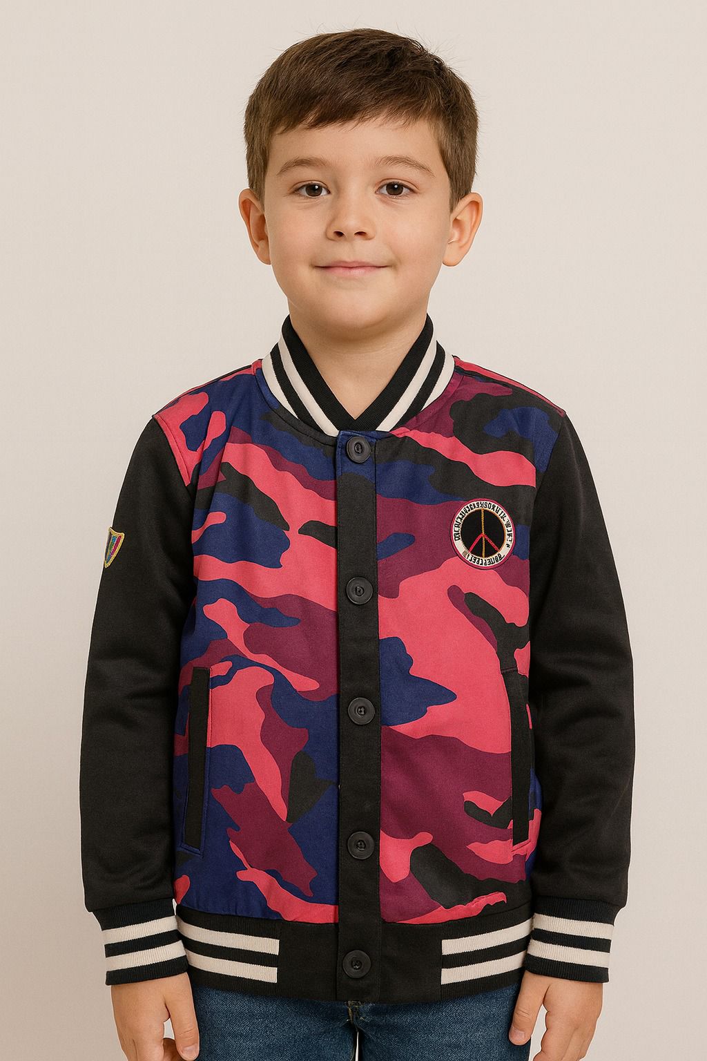 جاكيت أطفال تمويهي بألوان الأحمر والبنفسجي والأزرق، تصميم رياضي أنيق ومريح جاكيت أطفال تمويهي بألوان الأحمر والبنفسجي والأزرق