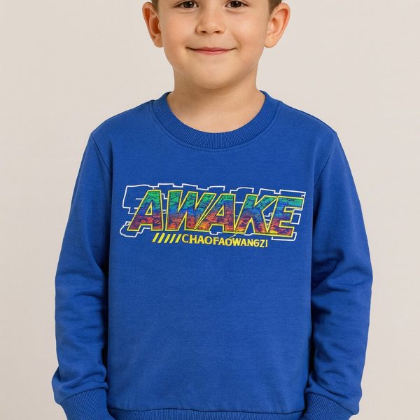 سويتشيرت أطفال، سويتشيرت كحلي، سويتشيرت بطبعة AWAKE، ملابس أطفال، سويتشيرت قطن، ملابس كاجوال للأطفال، بلوفر مريح، أزياء أطفال عصرية