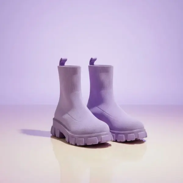 بوت نسائي بنفسجي فاتح من القماش المرن، تصميم عصري برقبة عالية ونعل سميك