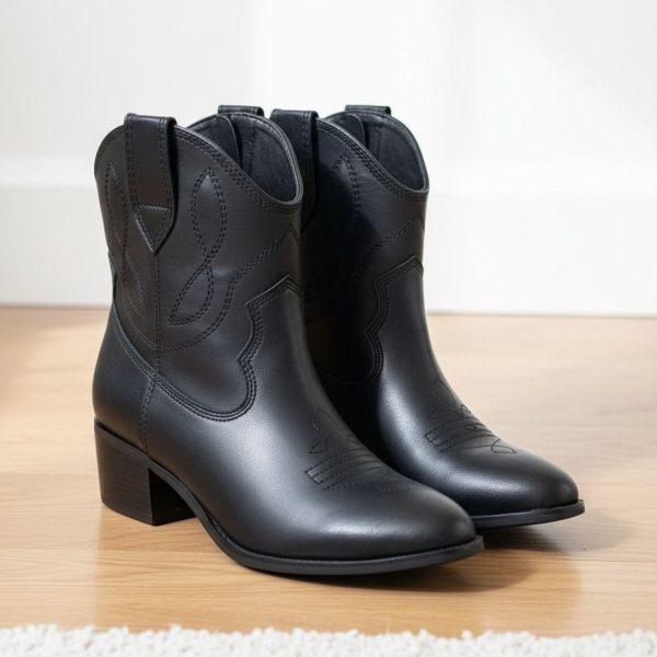بوت نسائي جلد أسود بتصميم كاوبوي عصري، كعب متوسط وتفاصيل تطريز راقية