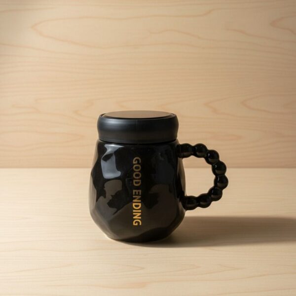 كوب قهوة خزفي أسود فاخر بنقش GOOD ENDING