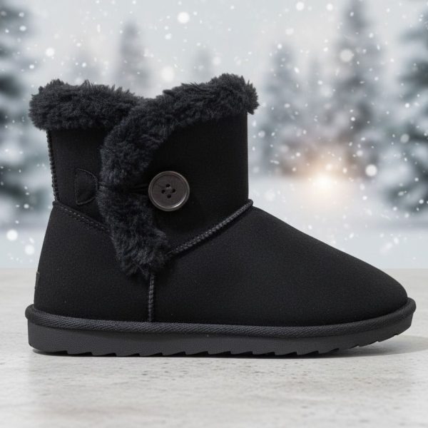 حذاء شتوي نسائي قصير أسود مبطن بالفرو الصناعي، تصميم أنيق ومريح مقاوم للبرد