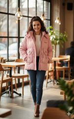 معطف شتوي نسائي مبطن بقبعة، تصميم أنيق ودافئ بلون وردي وأسود مقاوم للبرد