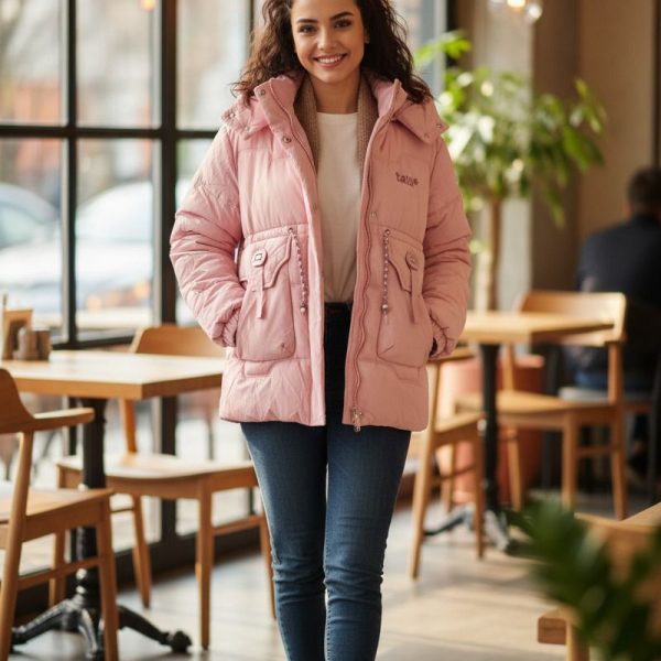 معطف شتوي نسائي مبطن بقبعة، تصميم أنيق ودافئ بلون وردي وأسود مقاوم للبرد