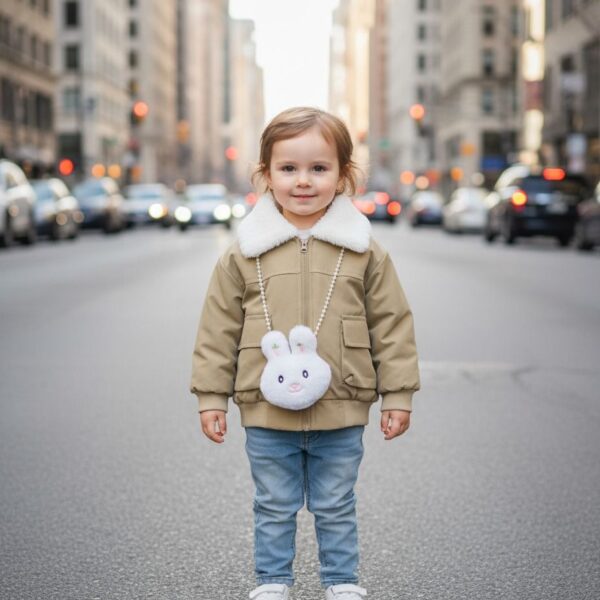 جاكيت بناتي بيج بياقة فرو بيضاء وسلسلة أرنب