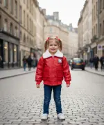 جاكيت أطفال أحمر من الجلد الصناعي بياقة فرو وشعار Hello Kitty، تصميم شتوي عصري ودافئ