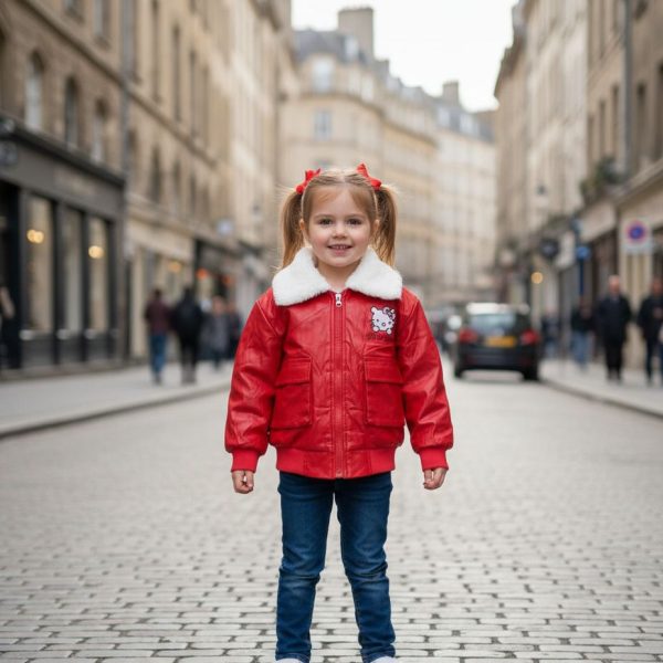 جاكيت أطفال أحمر من الجلد الصناعي بياقة فرو وشعار Hello Kitty، تصميم شتوي عصري ودافئ