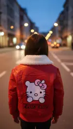 جاكيت أطفال أحمر، جاكيت أطفال، جاكيت بناتي، جاكيت Hello Kitty، جاكيت أحمر، جاكيت فرو، جاكيت جلد صناعي، جاكيت شتوي، ملابس أطفال بنات، جاكيت قصير