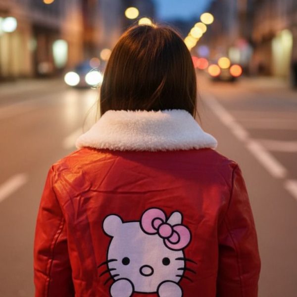 جاكيت أطفال أحمر، جاكيت أطفال، جاكيت بناتي، جاكيت Hello Kitty، جاكيت أحمر، جاكيت فرو، جاكيت جلد صناعي، جاكيت شتوي، ملابس أطفال بنات، جاكيت قصير