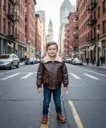 جاكيت أطفال بني من الجلد الصناعي بياقة فرو بيج، تصميم كلاسيكي دافئ للأجواء الشتوية