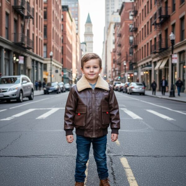 جاكيت أطفال بني من الجلد الصناعي بياقة فرو بيج، تصميم كلاسيكي دافئ للأجواء الشتوية