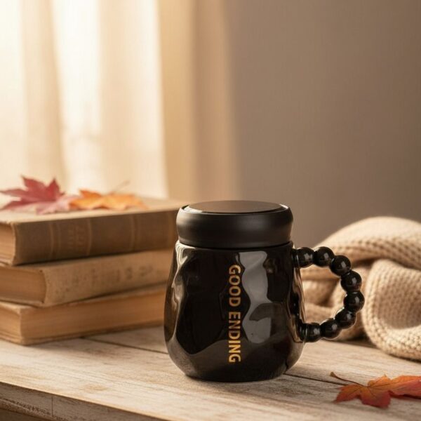 كوب قهوة خزفي أسود فاخر بنقش GOOD ENDING