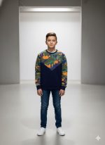 سويتشيرت أطفال كحلي بنقشة كامو برتقالي وأخضر، ملابس رياضية بطابع عسكري عصري