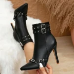 بوت نسائي أسود، بوت نسائي، حذاء ستيليتو، مقدمة مدببة، مسامير معدنية، أحذية خريف وشتاء، أحذية أنيقة، كعب عالي، أحذية رسمية، موضة نسائية