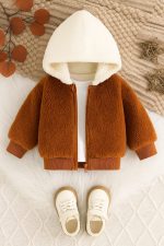 جاكيت فرو أطفال شتوي بقبعة مزدوجة اللون، خامة ناعمة ودافئة، مناسب للإطلالات اليومية أو الخروجات الشتوية