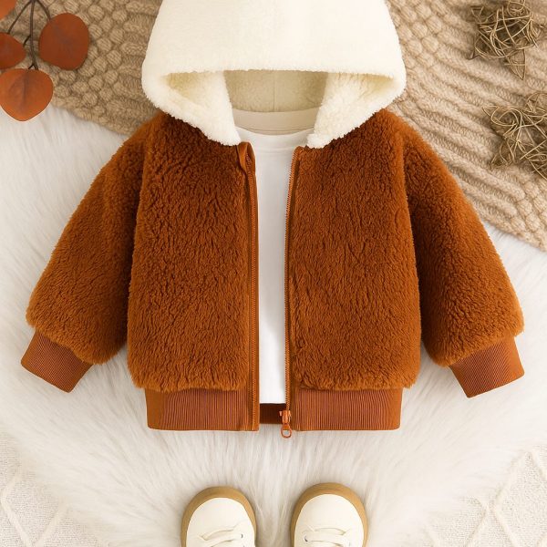 جاكيت فرو أطفال شتوي بقبعة مزدوجة اللون، خامة ناعمة ودافئة، مناسب للإطلالات اليومية أو الخروجات الشتوية