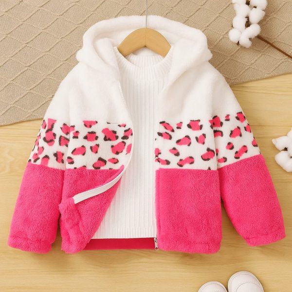 جاكيت فرو شتوي بناتي بقبعة، وردي وأبيض بنقشة ليوبارد، تصميم عصري وأنيق