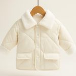 جاكيت أطفال مبطن فرو شتوي، أبيض كلاسيكي بياقة ناعمة وجيوب أمامية