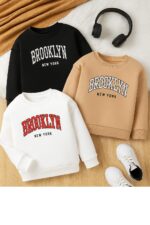 سويتشيرت أطفال قطن دافئ مطبوع BROOKLYN NEW YORK بألوان متعددة، مناسب للإطلالات اليومية والمدرسية