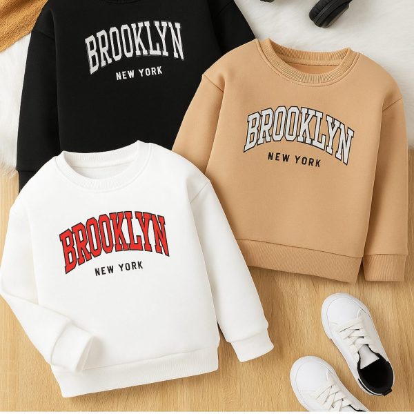 سويتشيرت أطفال قطن دافئ مطبوع BROOKLYN NEW YORK بألوان متعددة، مناسب للإطلالات اليومية والمدرسية