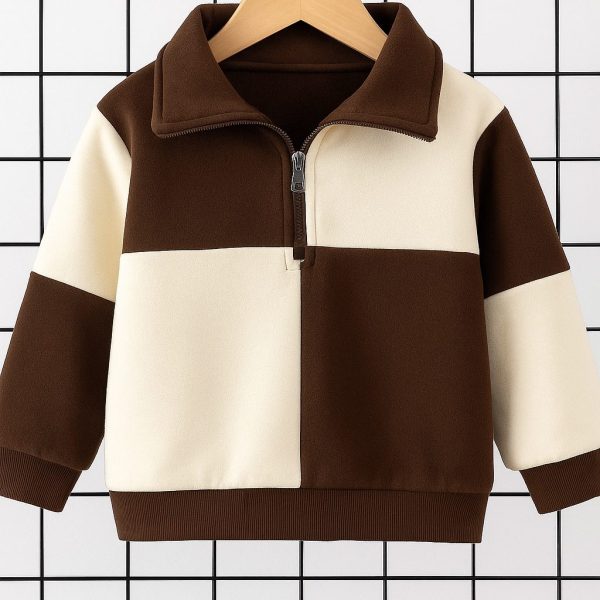 سويتشيرت أطفال قطن بسحاب نصفي ونقشة مربعات للخريف والشتاء