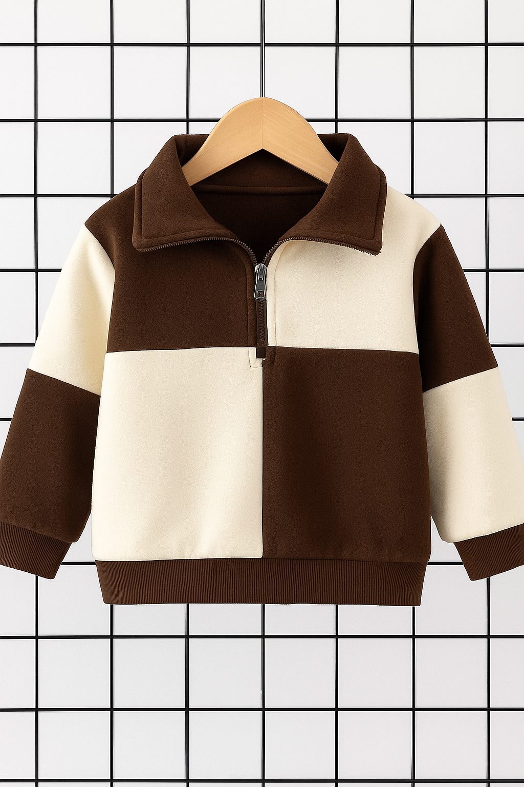 سويتشيرت أطفال قطن بسحاب نصفي ونقشة مربعات للخريف والشتاء، مثالي للاستخدام اليومي أو الخروجات الكاجوال سويتشيرت أطفال قطن بسحاب نصفي ونقشة مربعات للخريف والشتاء