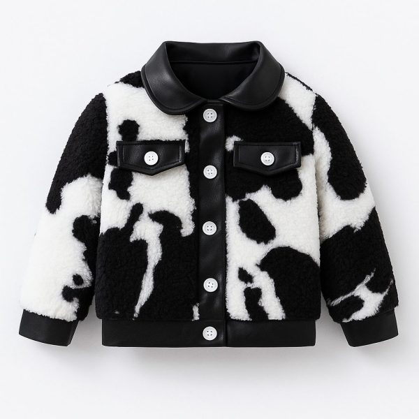 جاكيت أطفال فرو صناعي بنقشة كاو، تصميم شتوي دافئ وعصري