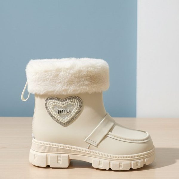 بوت شتوي بناتي مبطن بالفرو أوف وايت، تصميم أنيق بنعل مضاد للانزلاق