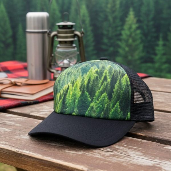 قبعة تروكر شبكية بطبعة غابات الصنوبر - مثالية للتخييم والمغامرات