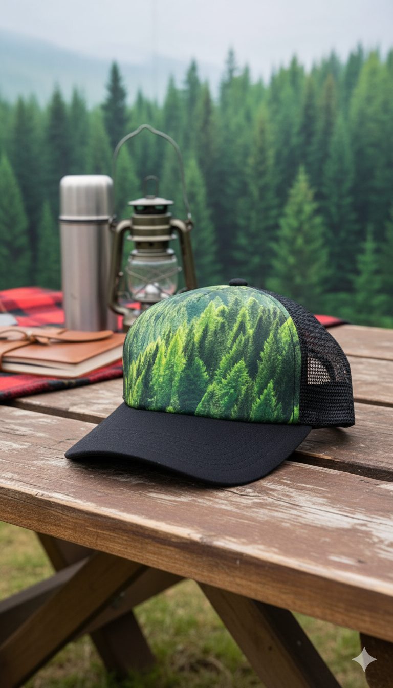قبعة تروكر شبكية بطبعة غابات الصنوبر - مثالية للتخييم والمغامرات قبعة تروكر شبكية بطبعة غابات الصنوبر - مثالية للتخييم والمغامرات