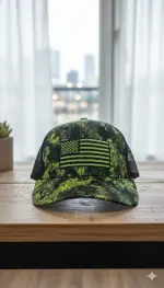قبعة تروكر شبكية بتصميم العلم الأمريكي المموه - إطلالة تكتيكية (Neon Green Camo)