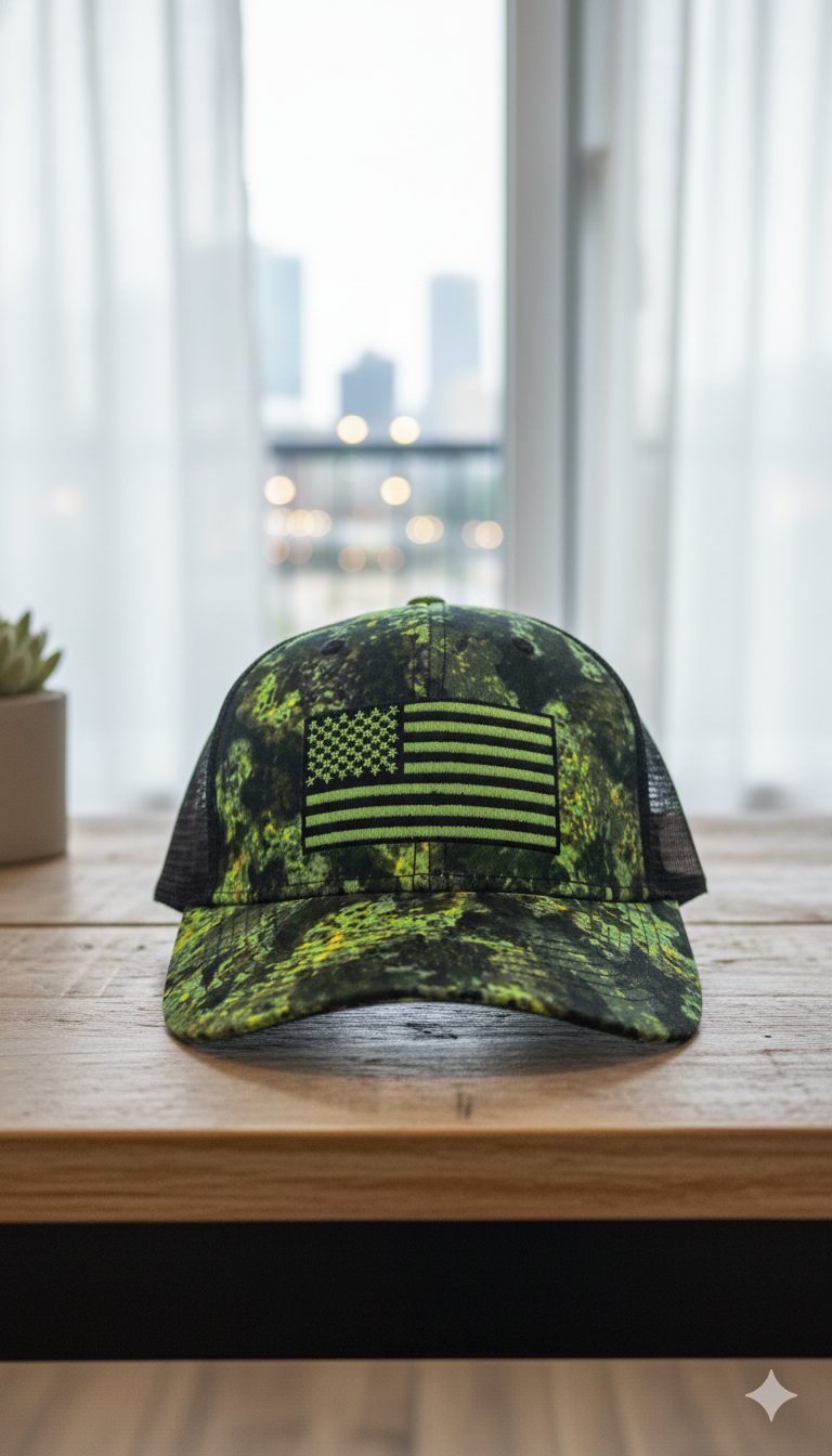قبعة تروكر شبكية بتصميم العلم الأمريكي المموه - إطلالة تكتيكية (Neon Green Camo) قبعة تروكر شبكية بتصميم العلم الأمريكي المموه - إطلالة تكتيكية (Neon Green Camo)