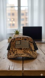 قبعة تروكر عملية بمقدمة ذات طبعة تمويهية كلاسيكية تجمع بين درجات البني، البيج، والأسود. تحمل تطريزًا أنيقًا وواضحًا للعلم الأمريكي باللونين الأبيض والأسود. مثالية للمغامرات والأنشطة الخارجية. مقاس قابل للتعديل (Snapback).