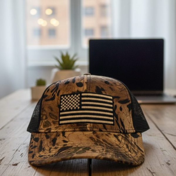 قبعة تروكر عملية بمقدمة ذات طبعة تمويهية كلاسيكية تجمع بين درجات البني، البيج، والأسود. تحمل تطريزًا أنيقًا وواضحًا للعلم الأمريكي باللونين الأبيض والأسود. مثالية للمغامرات والأنشطة الخارجية. مقاس قابل للتعديل (Snapback).