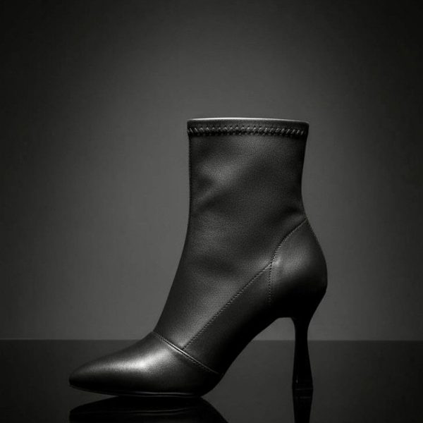 بوت نسائي أسود من الجلد الناعم بكعب عالٍ، تصميم كلاسيكي أنثوي فاخر