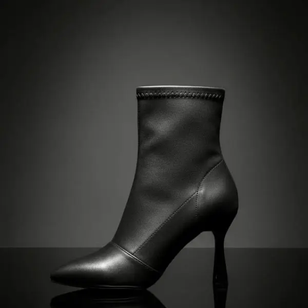 بوت نسائي أسود من الجلد الناعم بكعب عالٍ، تصميم كلاسيكي أنثوي فاخر