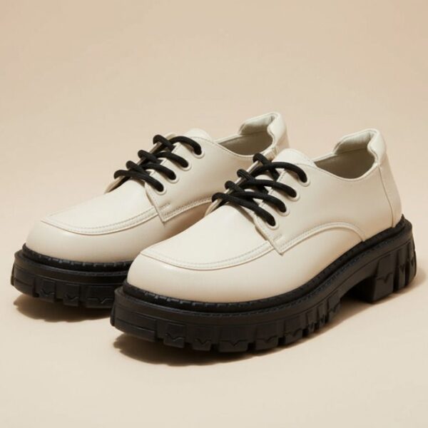 شوز لوفر نسائي عاجي من الجلد بنعل سميك مانع للانزلاق، تصميم عصري مريح وأنيق