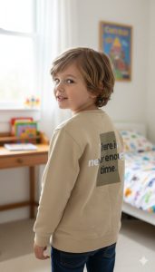 سويت شيرت أطفال بيج بعبارة مطبوعة، تصميم قطني مريح مناسب للبنين، مناسب للأجواء المعتدلة والباردة 2 WhatsApp Image 2025 11 01 at 12.13.47 PM 4