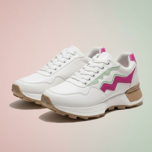 شوز نسائي أبيض بتفاصيل وردية وخضراء، تصميم رياضي أنيق بنعل