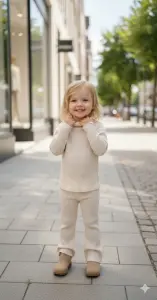 طقم تريكو بناتي من قطعتين بلون بيج فاتح، تصميم مريح ودافئ للإطلالات الشتوية، مناسب للارتداء في المنزل أو أثناء الخروج في الأجواء الباردة 1 WhatsApp Image 2025 11 01 at 12.14.13 PM