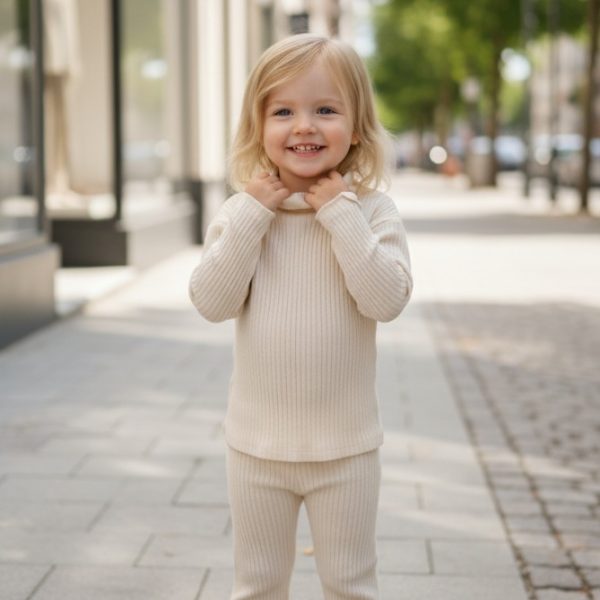 طقم تريكو بناتي من قطعتين بلون بيج فاتح، تصميم مريح ودافئ للإطلالات الشتوية