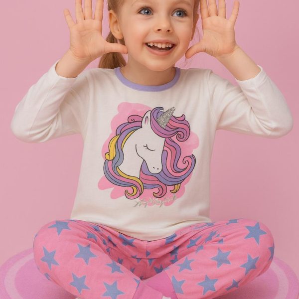 بيجامة بناتي قطنية بطبعة يونيكورن وبنطال وردي مزين بالنجوم