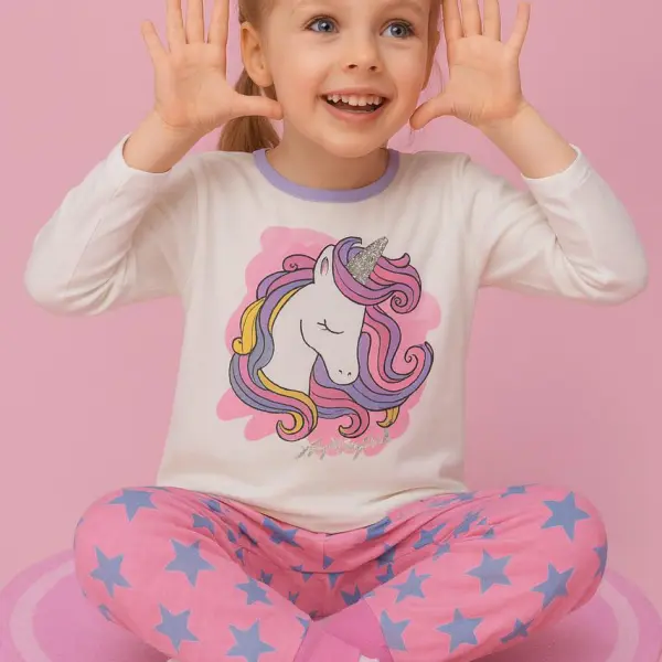 بيجامة بناتي قطنية بطبعة يونيكورن وبنطال وردي مزين بالنجوم