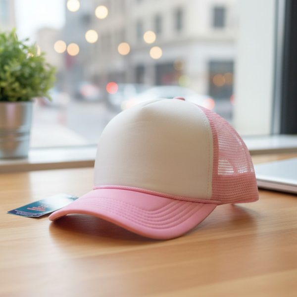 قبعة تروكر شبكية ناعمة - وردي فاتح (Baby Pink) وأبيض كلاسيكي