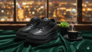 حذاء رياضي نسائي أسود من الجلد الصناعي من SHYSH، تصميم سميك النعل أنيق ومريح للاستخدام اليومي 1 WhatsApp Image 2025 11 01 at 2.00.25 PM 1