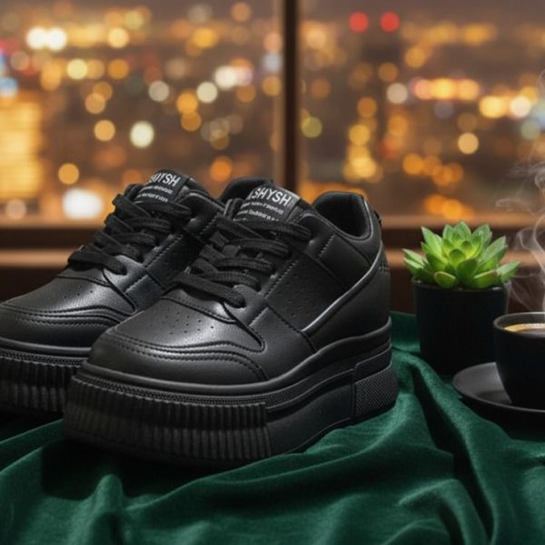 حذاء رياضي نسائي أسود من الجلد الصناعي من SHYSH