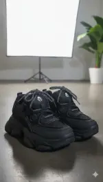 شوز رياضي نسائي أسود Chunky، تصميم عصري مريح بخامات جلد صناعي وقماش شبكي