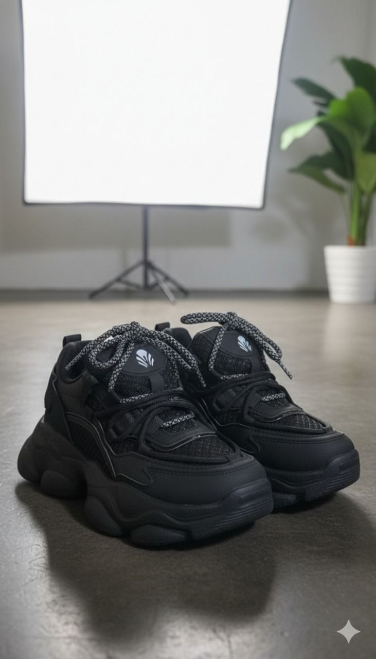 شوز رياضي نسائي أسود Chunky، تصميم عصري مريح بخامات جلد صناعي وقماش شبكي شوز رياضي نسائي أسود Chunky، تصميم عصري مريح بخامات جلد صناعي وقماش شبكي