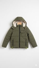 جاكيت أطفال زيتي شتوي مبطن بفرو صناعي، تصميم مقاوم